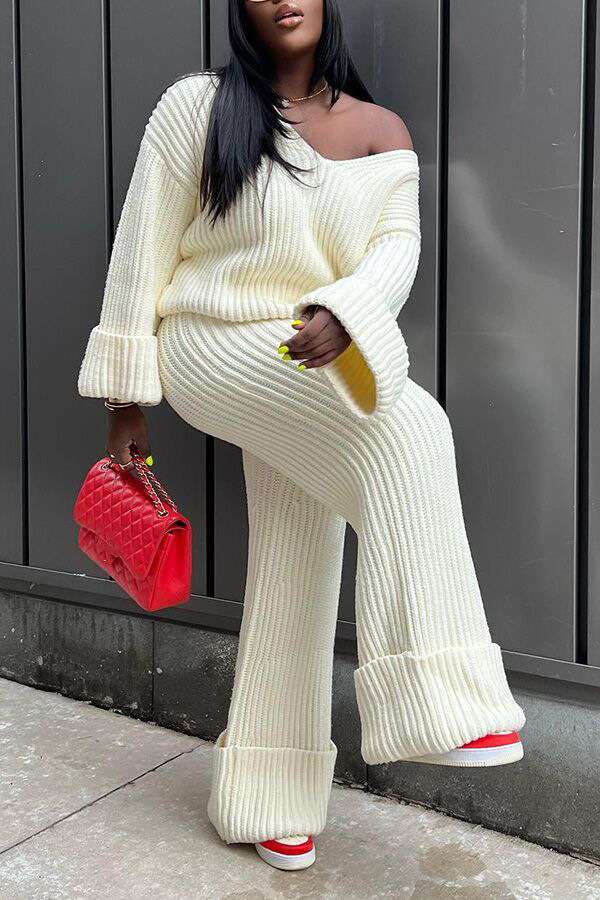 Cozy Ribbed Knit Set - S, White image