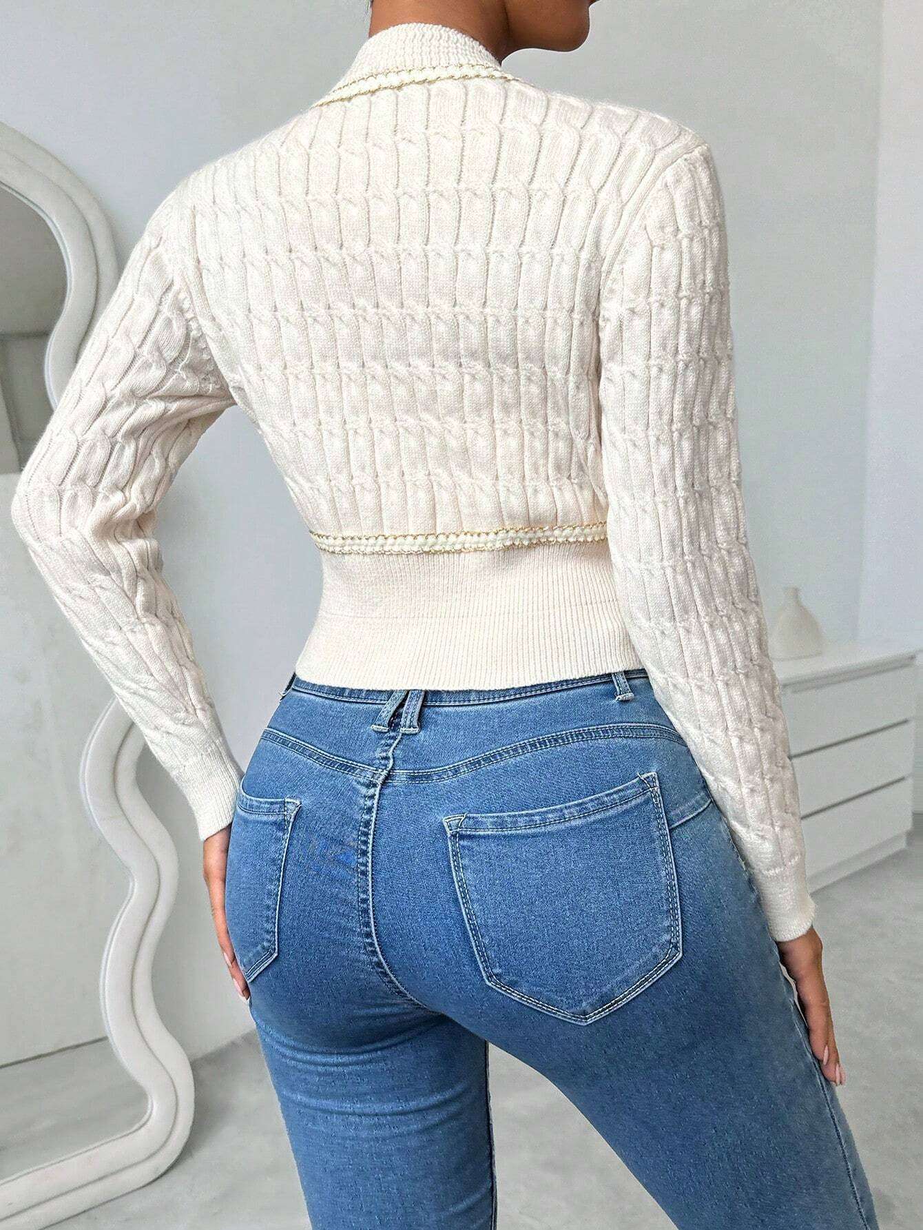 Cable Knit Cropped Cardigan Sweater image 3