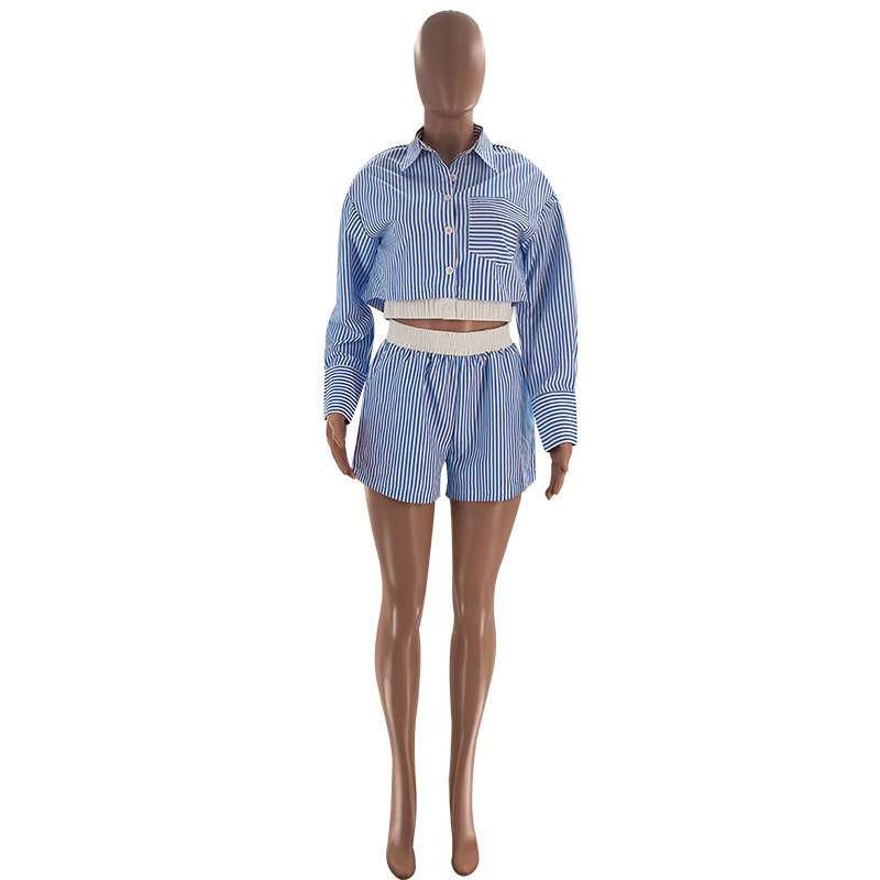 Fashion Stripe Long Sleeve Crop Shirt Shorts Set image 1