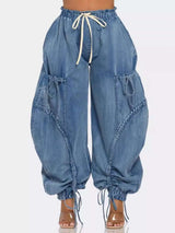 Loose cargo jeans wide leg denim pants - L, Denim Blue image