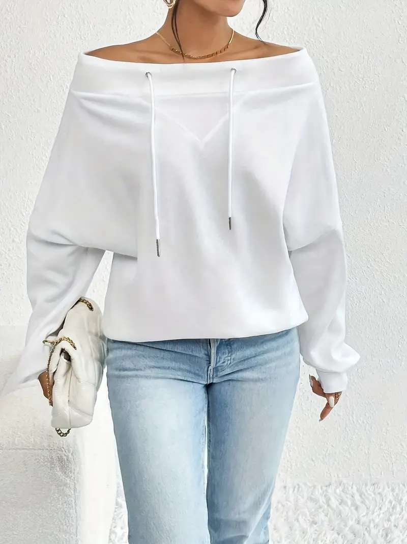 Off-Shoulder Hoodie with Drawstrings image 0