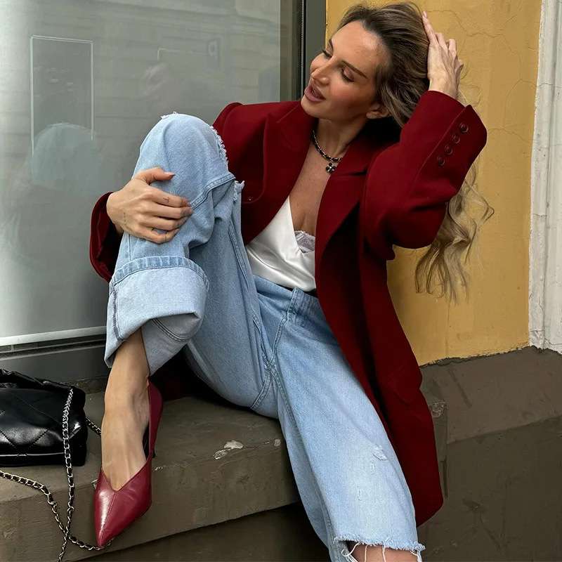 Red Oversized Lapel Collar Jacket image 3