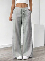 Striped Wide-Leg Drawstring Pajama Pants - M, Grey image