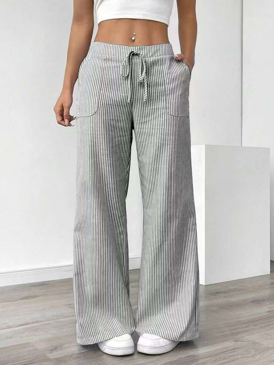Striped Wide-Leg Drawstring Pajama Pants - M, Grey image