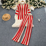Striped Knit Set with Cardigan & Wide-Leg Pants image 3