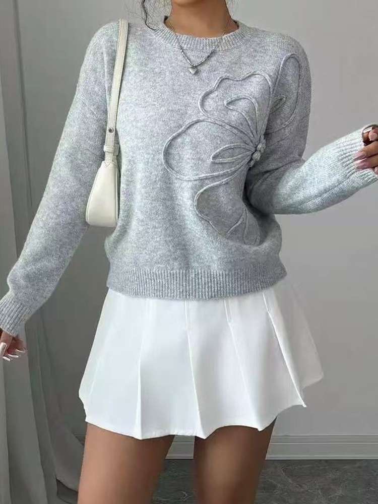 Embroidered Butterfly Knit Sweater - M, Grey image