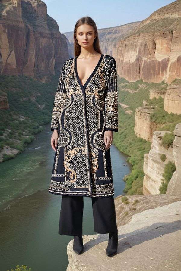 Vintage Nail Print Long Coat - L, Multi Brown image