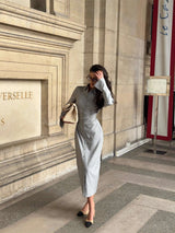 Long-Sleeve Button-Down Dress - M, Grey image