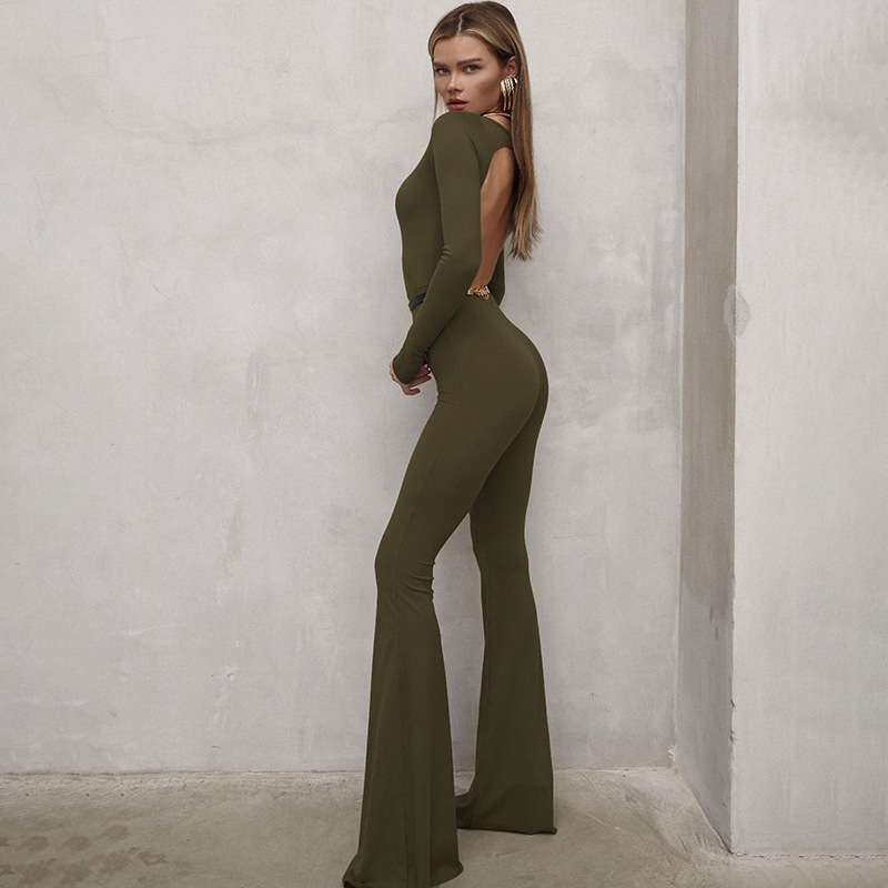 Backless Split Hem Jumpsuit - S, Green image