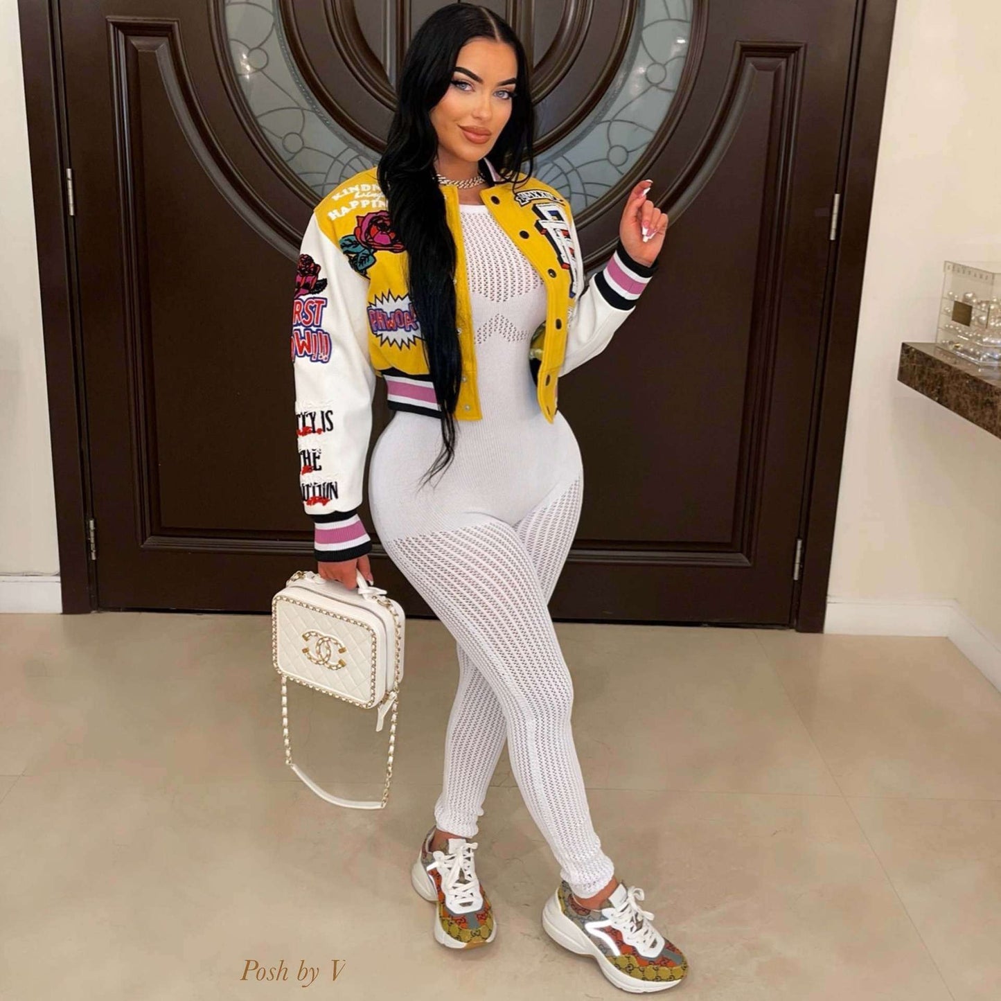 Button Up Printed Crop Baseball Jacket image 0