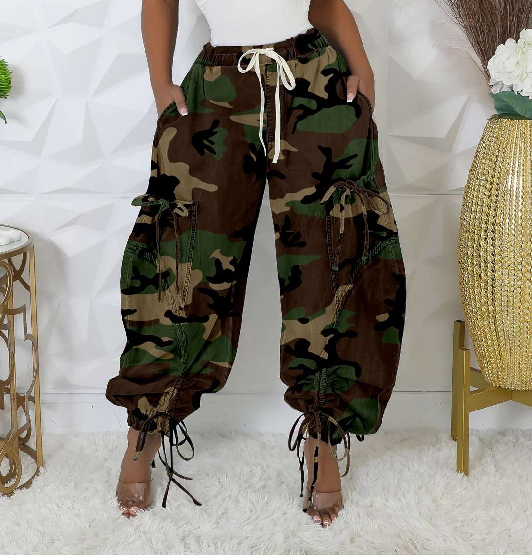 Baggy Jeans Wide Leg Pants Drawstring Bow - Army Green, S image