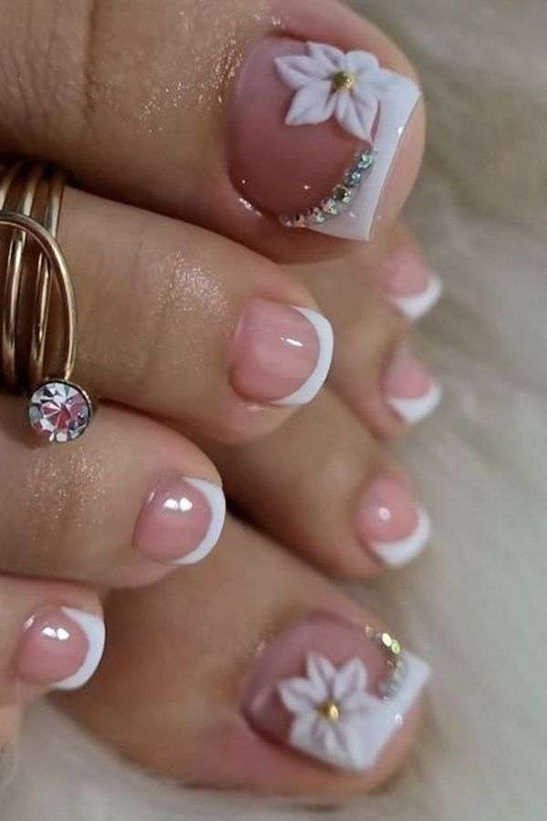 Floral 3D Pedicure with French Tip Design image 0