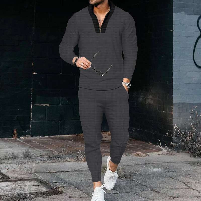 Long Sleeve V-Neck Sports T-Shirt And Pants Set - M, Dark Grey image