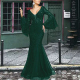 Floral Lace Flare Sleeve Party Maxi Dres - XL, Green image