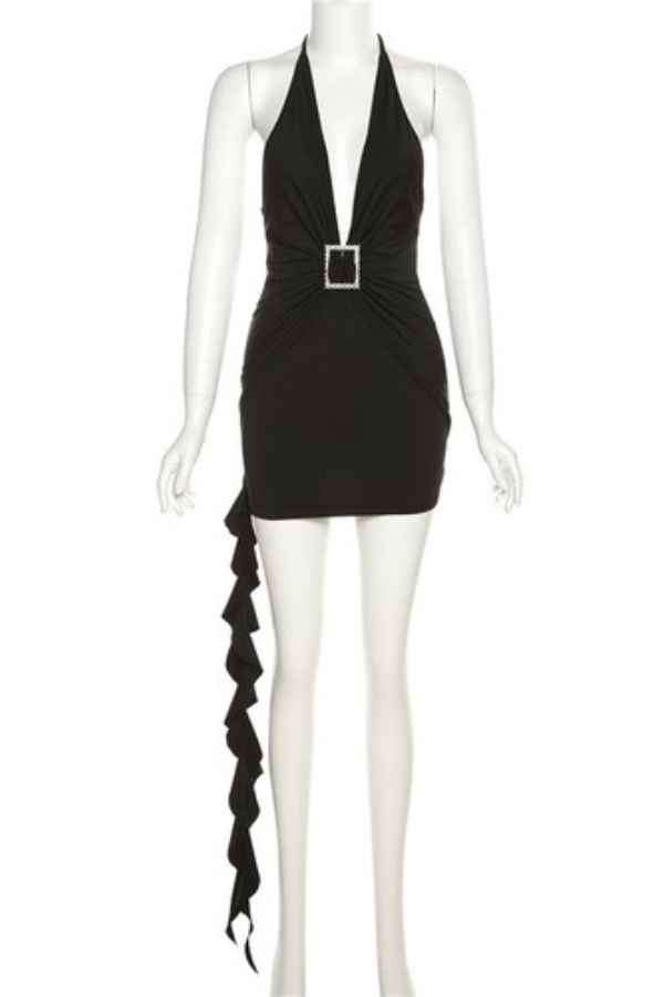 Sexy Halter Neck Ruffled Trim Backless DeepV Mini Dress image 4