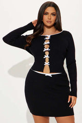 Bow Detail Ribbed Crop Top & Skirt Set - Free Size, Black image