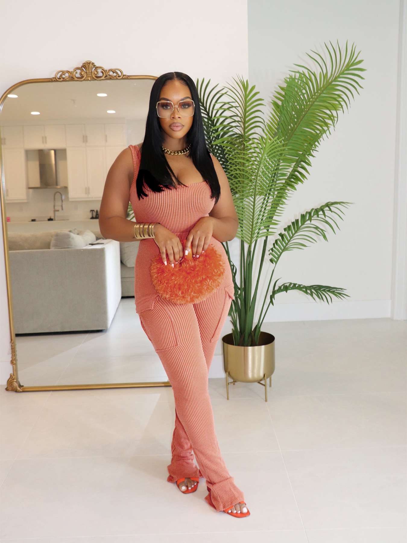 Bodysuit and Cargo Pants Set - L, Orange image