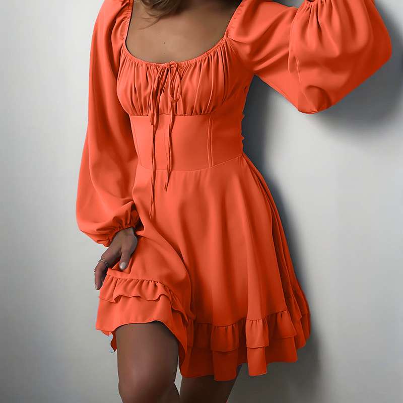 Vibrant Dress with Puff Sleeves & Ruffle Hem - L, Orange image