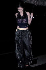 Casual Top & Wide-Leg Pants with Piping - S, Black image