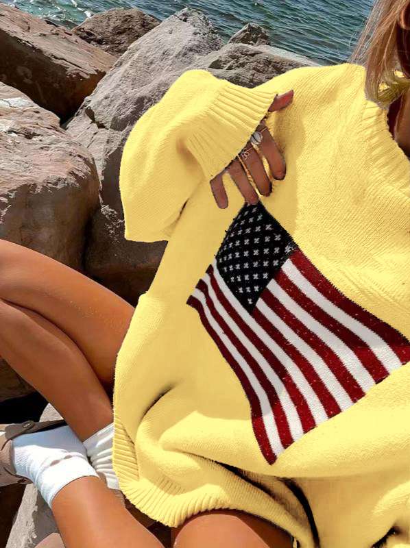 American Flag Sweater Sweater Long Sleeve  Pullover - M, Yellow image