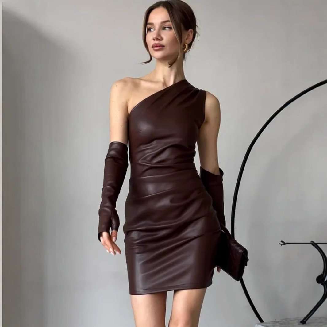 One-Shoulder Faux Leather Mini Dress with Gloves - L, Brown image
