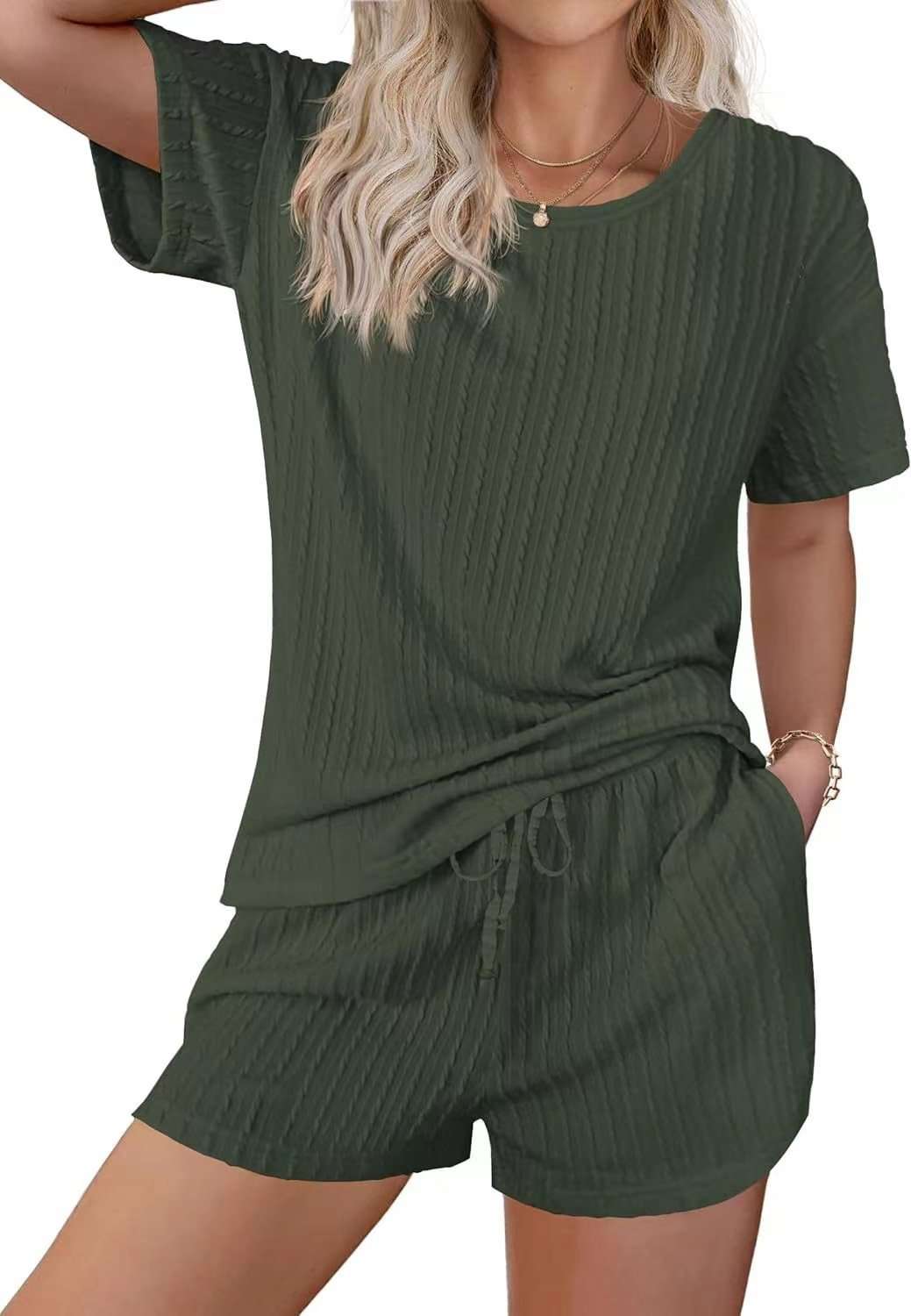 Textured Top & Drawstring Shorts Lounge Set - M, Army Green image