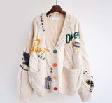 Embroidered Cable-Knit Cardigan Jacket - S, Beige image