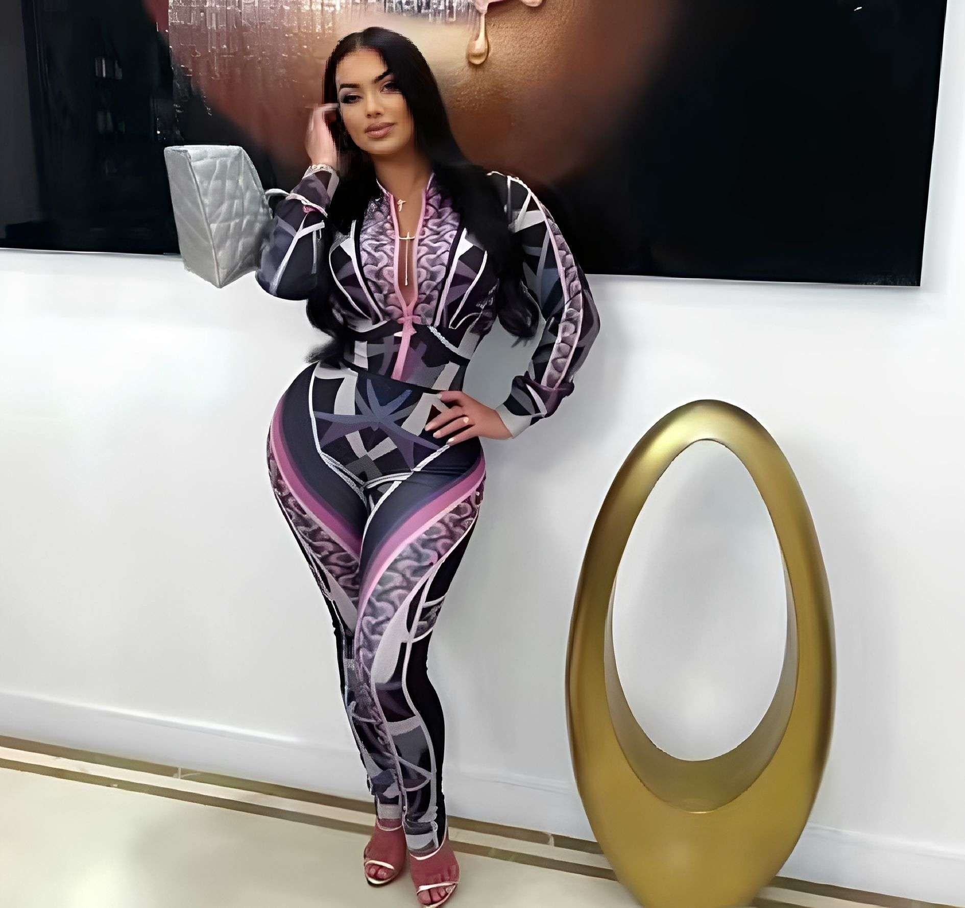 Geometric Print Zipper Front Two Piece Set image 5