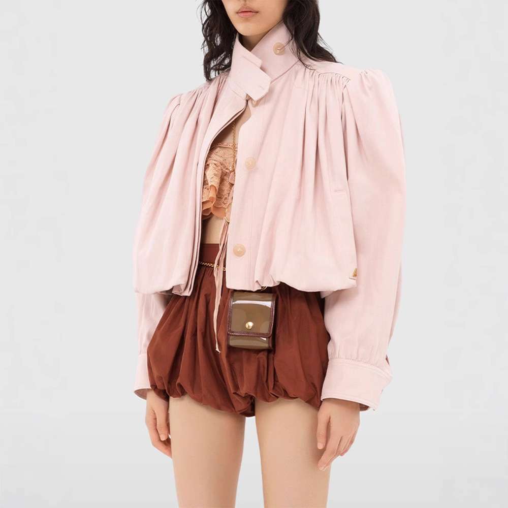 Vintage-Style Puff Sleeve Blouson Top - S, Pink image