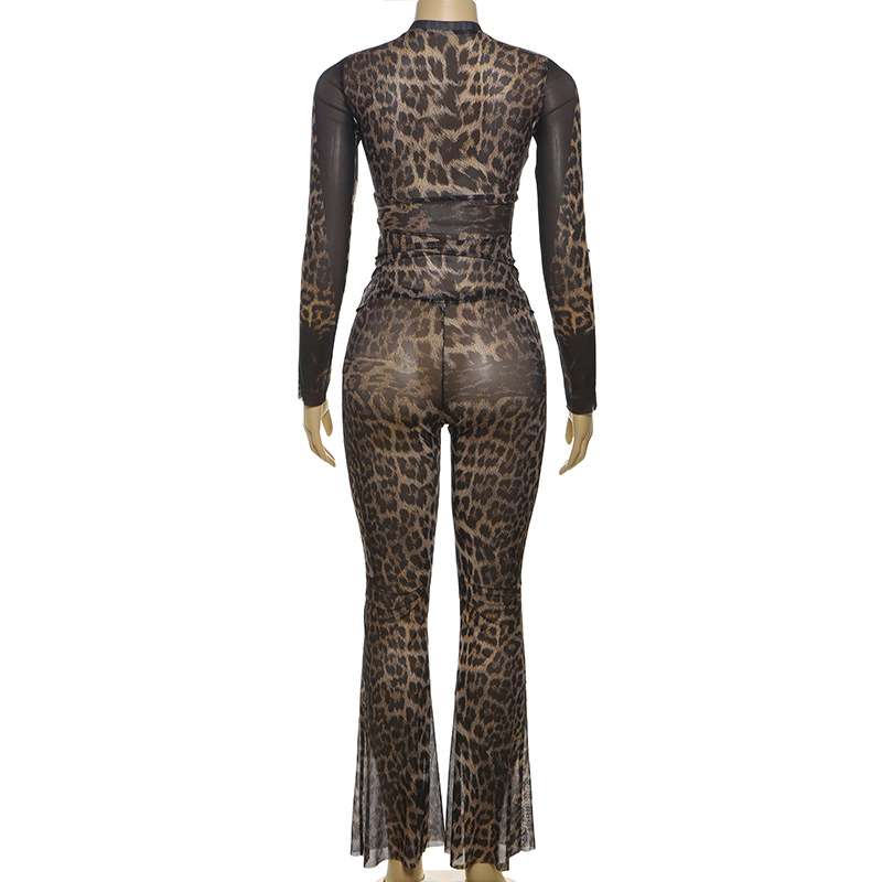 Casual Leopard Print Long Sleeve Flare Pants set image 5