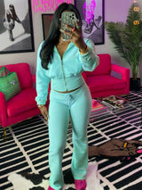 Solid Color Top And Casual Pants Set - L, Medium Turquoise Blue image