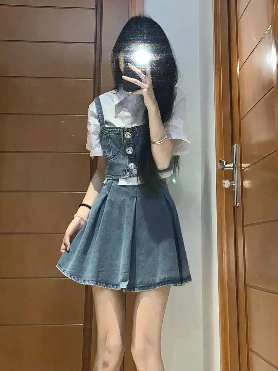 Casual Set with Shirt & Pleated Skirt - Free Size, Denim Blue image