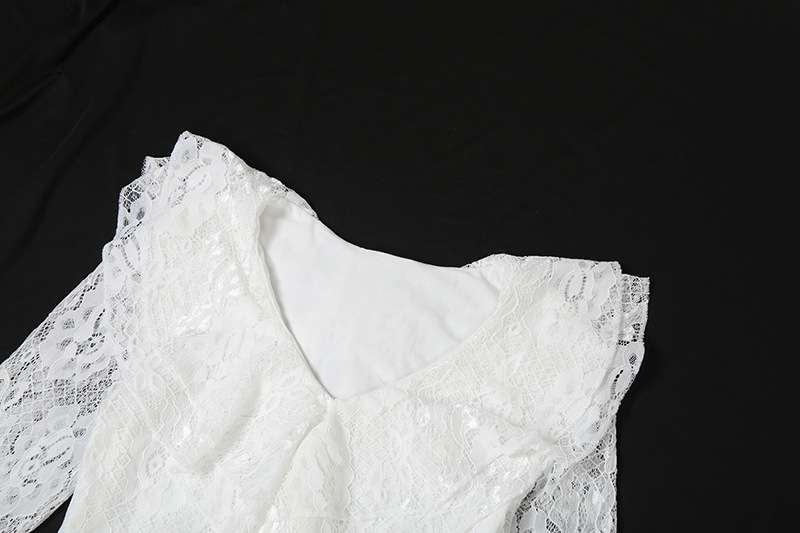 White Lace Ruffled Dress with High Slit image 5