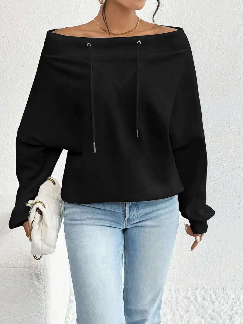 Off-Shoulder Hoodie with Drawstrings - S, Black image