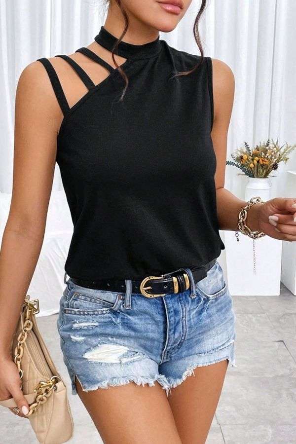 Asymmetrical Strap Sleeveless Top - M, Black image