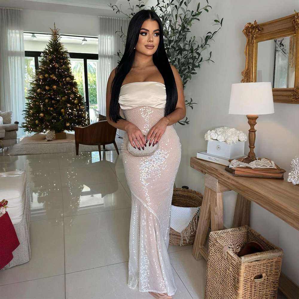 Sequin Strapless Maxi Dress - L, White image