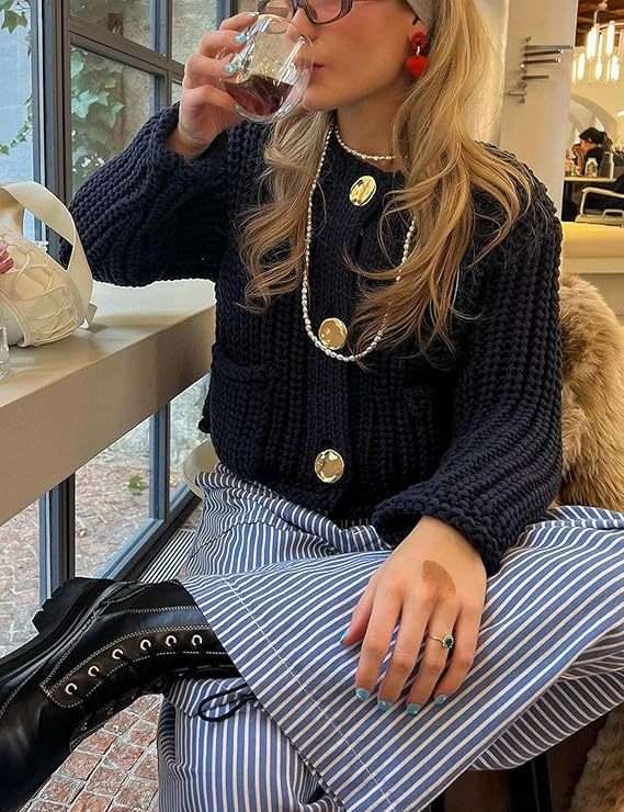 Chunky Knit Cardigan with Gold Buttons - L, Black image