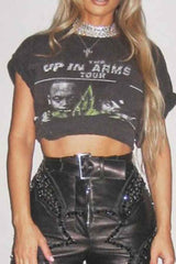 Printed Round Neck Knot Tie Cropped Tee Shirt Top image 2