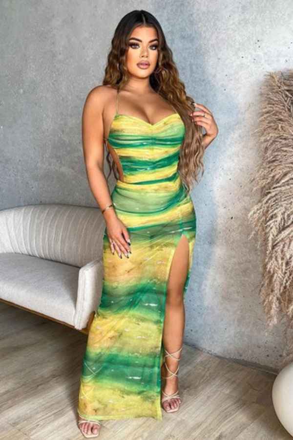 See-Through Ruffled Side Slit Sleeveless Maxi Dress image 3