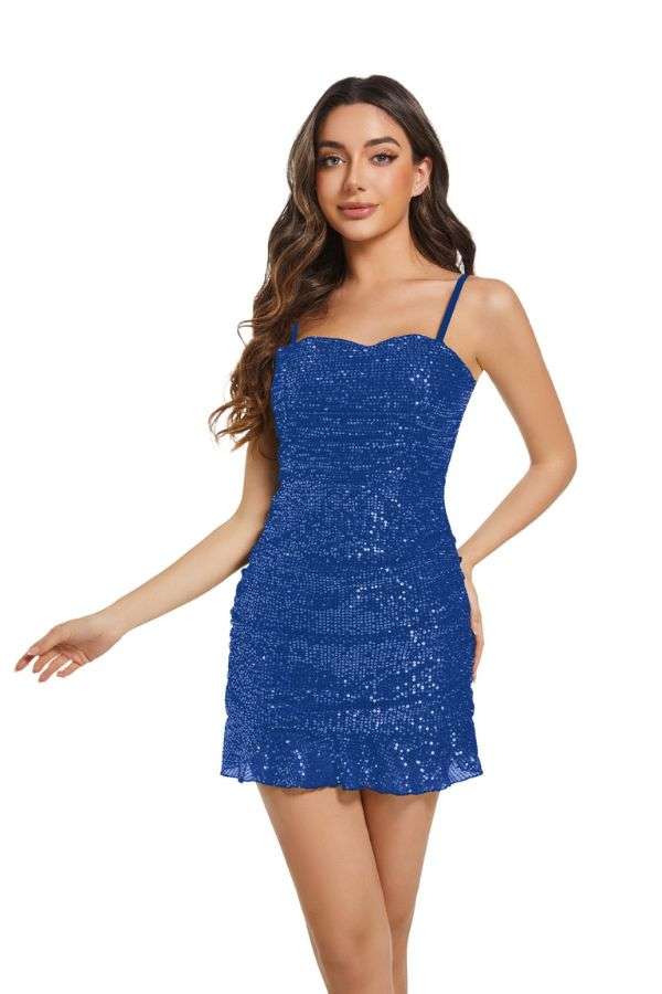 Sparkling Sequin Mini Dress with Ruffled Hem - M, Blue image