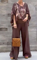 Floral Kimono Top & Wide-Leg Pants Set - L, Brown image