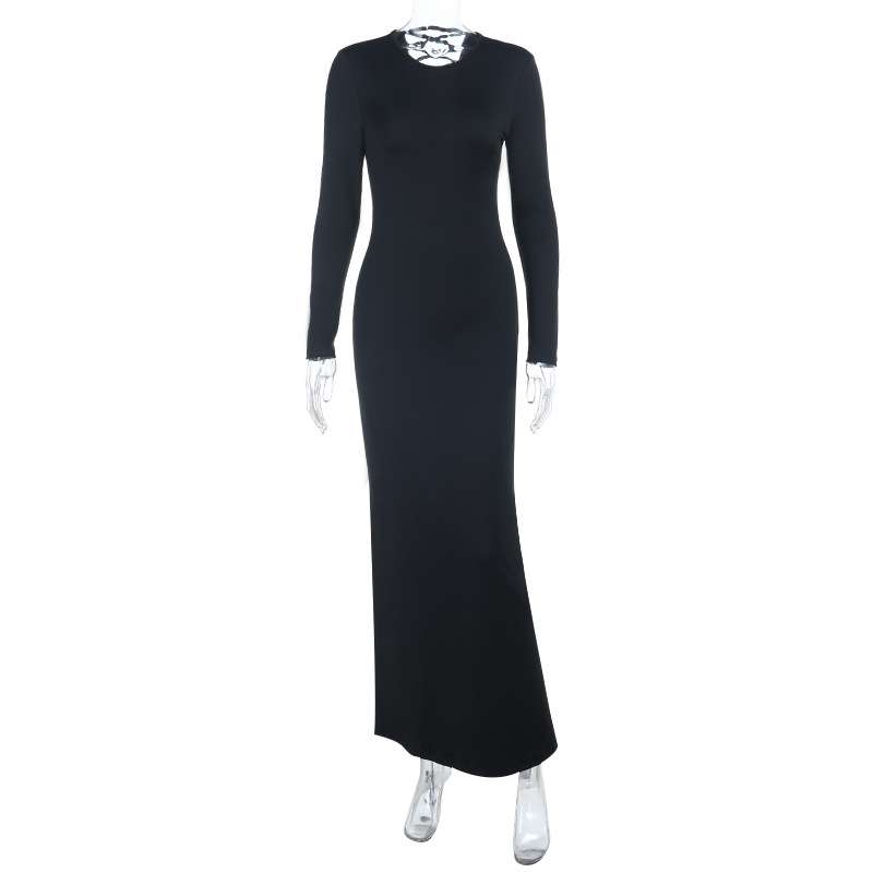 Long-Sleeve Lace-Up Maxi Dress - L, Black image