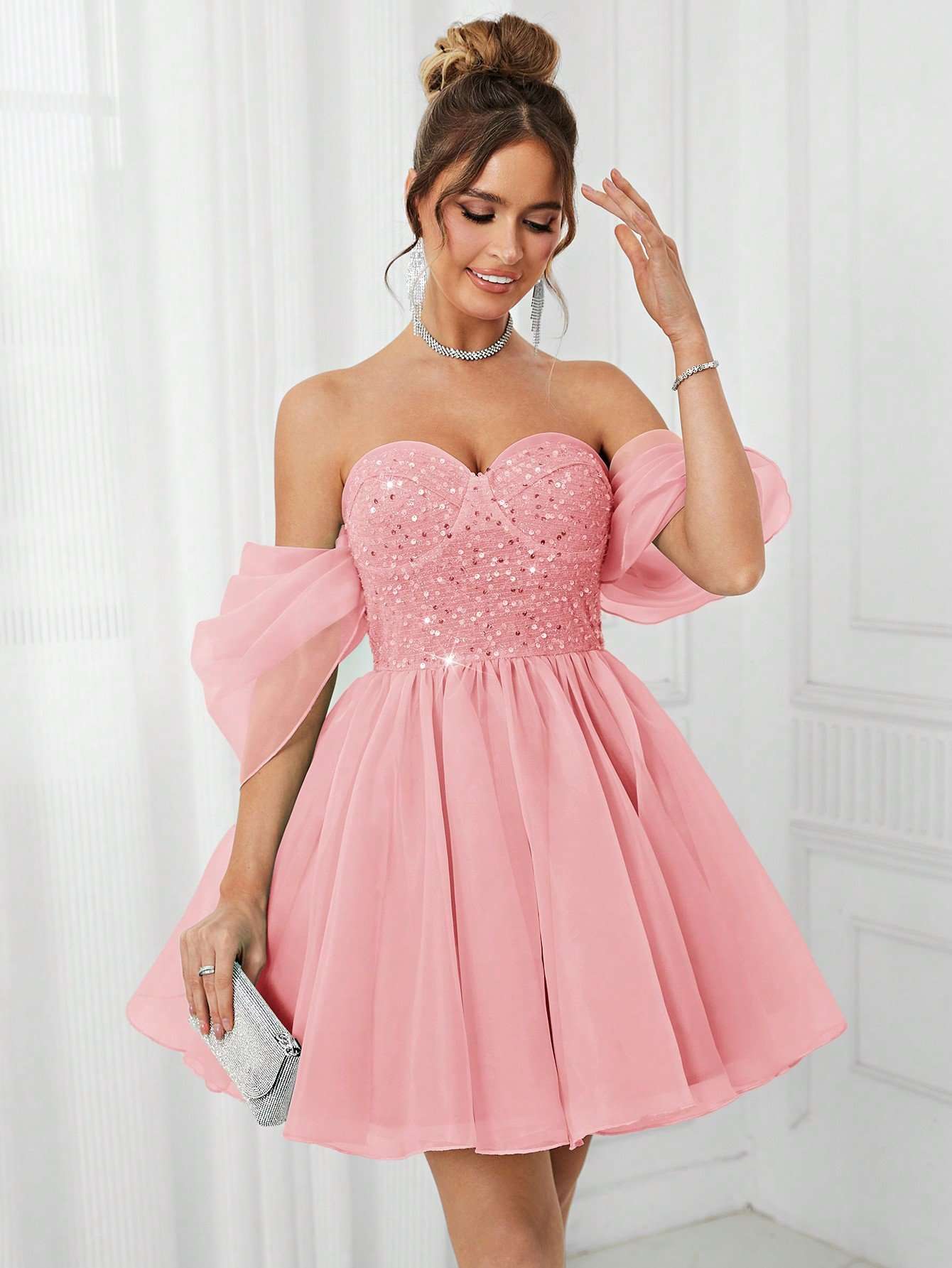 Elegant Off-Shoulder Pink Cocktail Dress image 2