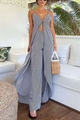 Striped V-Neck Cut-Out Top with Wide-Leg Pants image 0