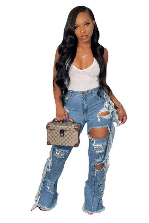 High Rise Ripped Denim Flared Jeans image 0
