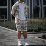 Striped Short-Sleeve Jacket & Shorts Set - S, Multi Beige image
