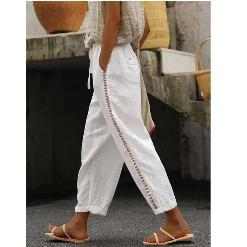 Casual Pants with Side Lace Detailing - S, White image