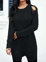 Long Sleeve Ripped Casual Loose Pullover Sweater - L, Black image