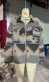 Fashion Vintage Print Long Sleeve Loose Jacket - M, Multi Blue image