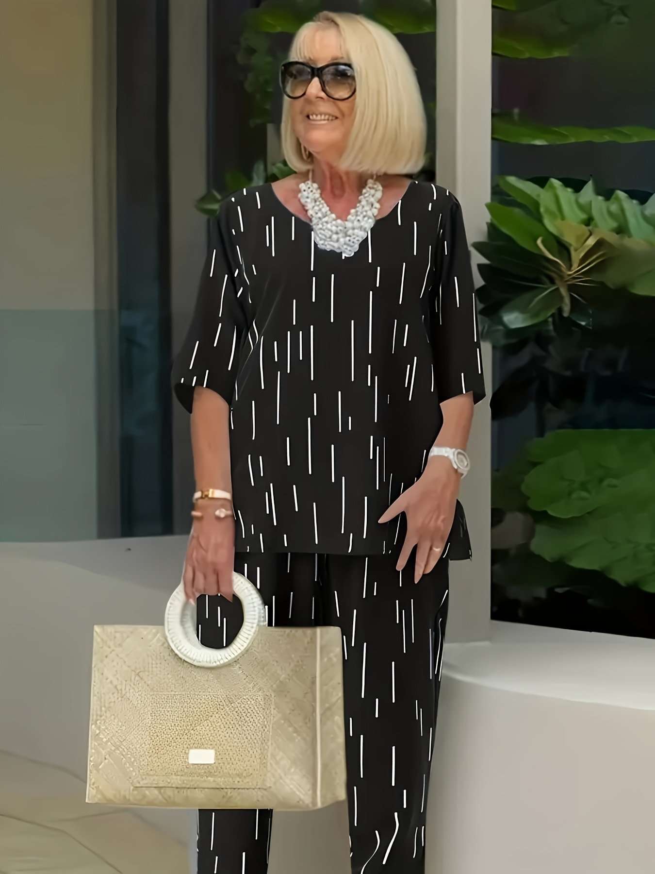 Abstract Striped Two-Piece Set - L, Black image